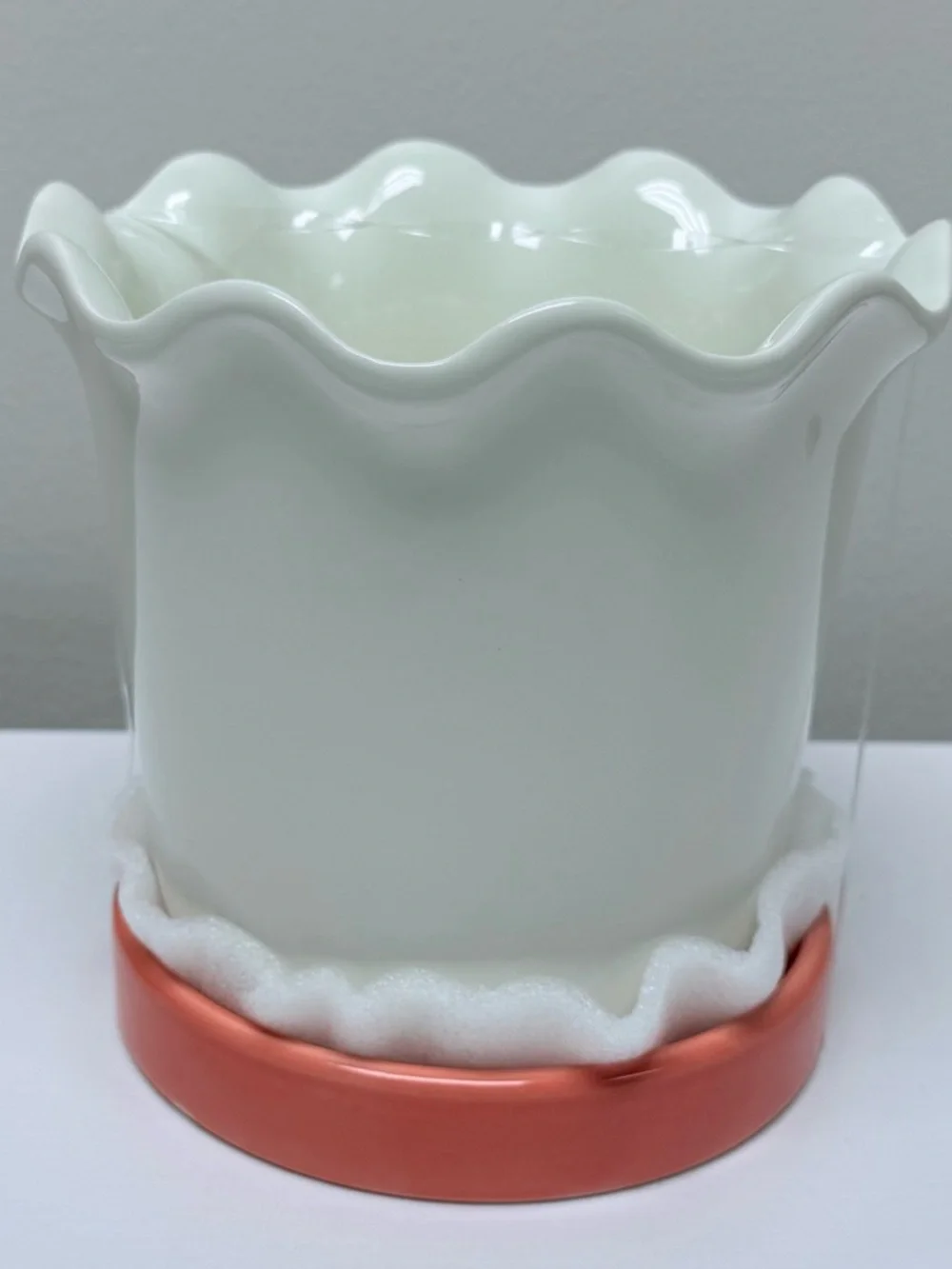 New! White Cream Scalloped Ceramic Planter with Orange Saucer, 2026